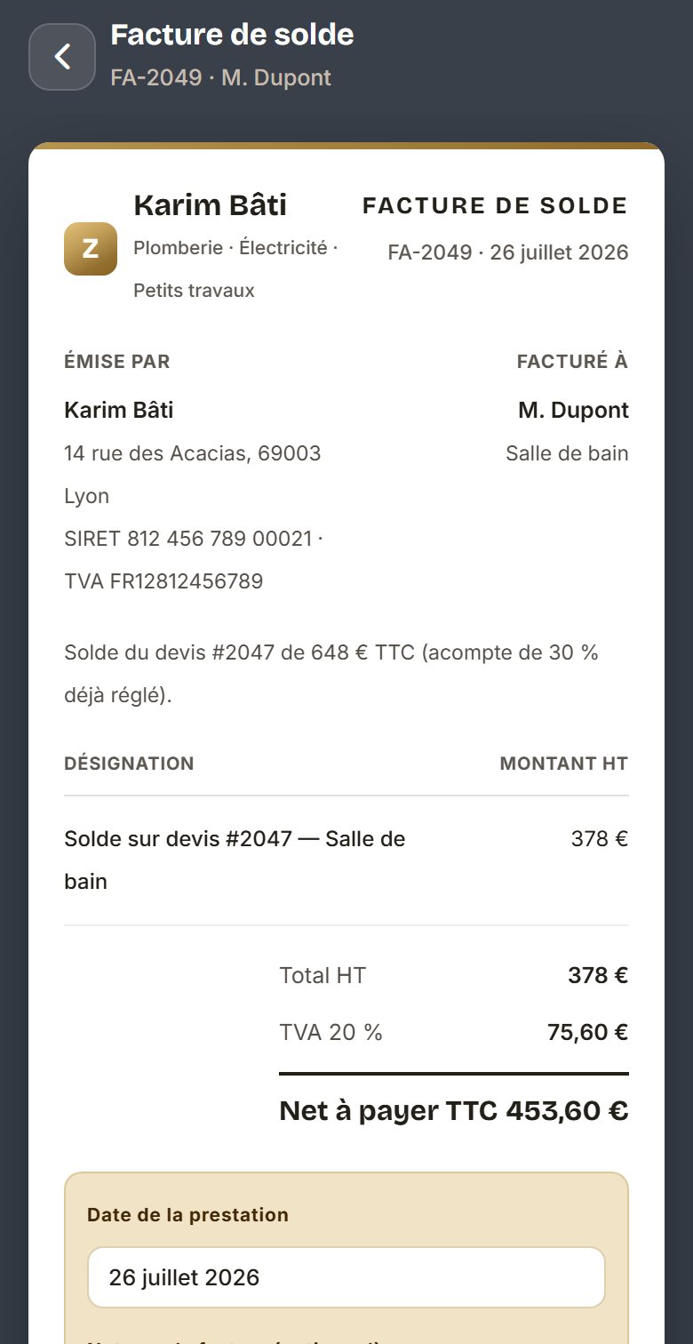 Une facture Zarti : document propre, mentions légales, net à payer