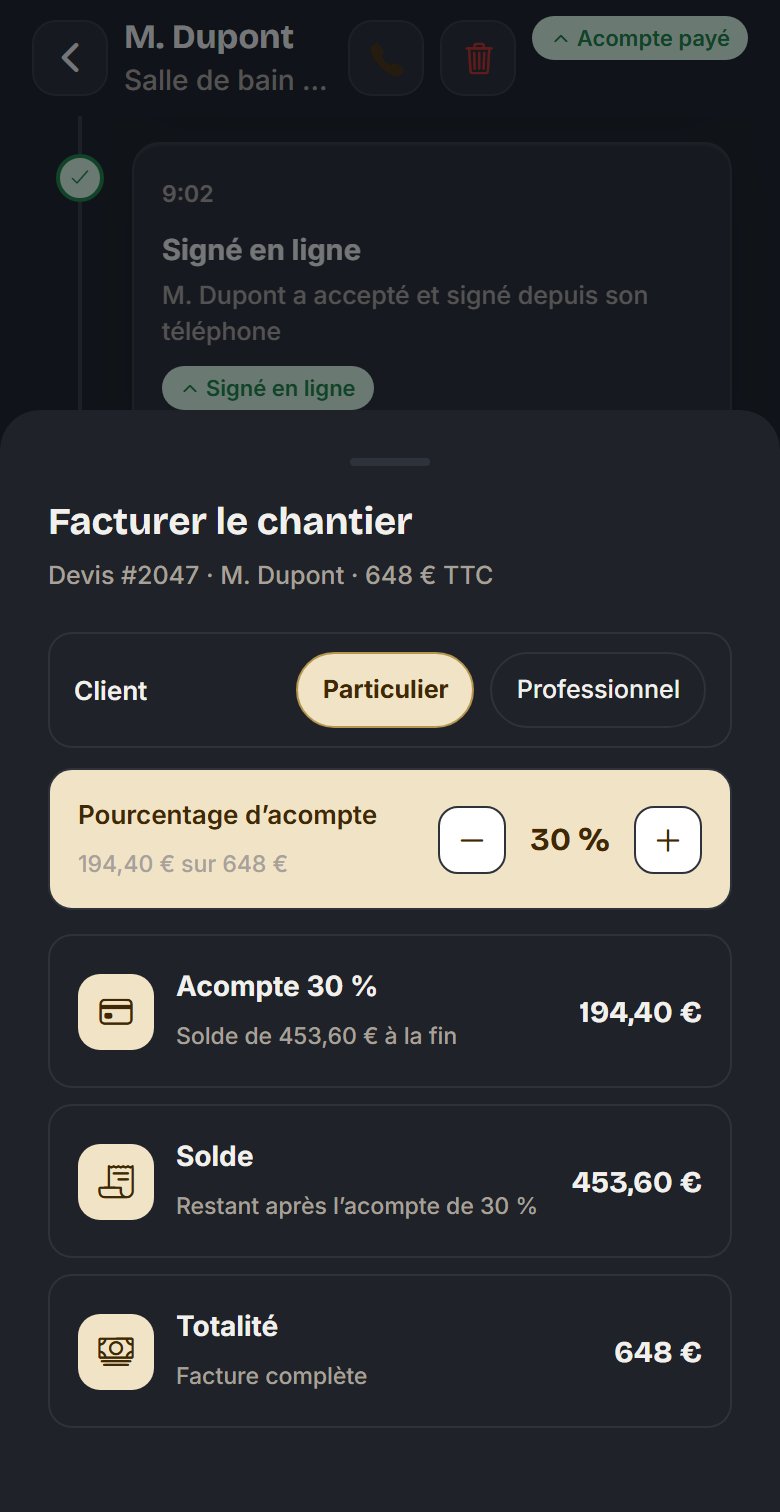 La feuille Facturer de l'app : acompte, solde ou totalité, montants calculés